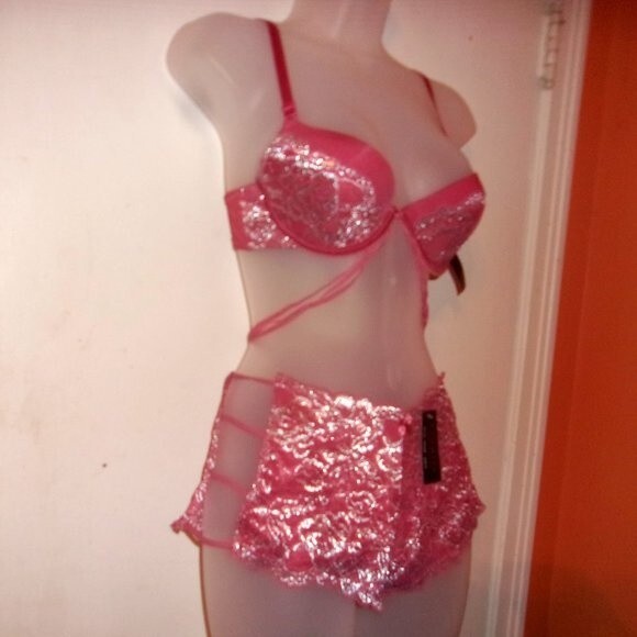 Youmita 36B Mauvewood Metallic Lace Bra & Medium  Coordinating Boyshorts - Picture 5 of 14